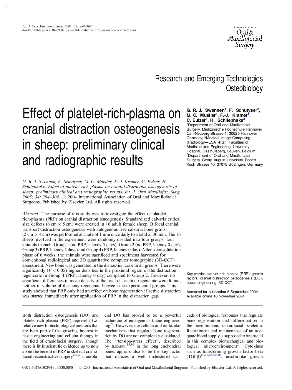 Effect of platelet-rich-plasma on cranial distraction osteogenesis in sheep: preliminary clinical and radiographic results