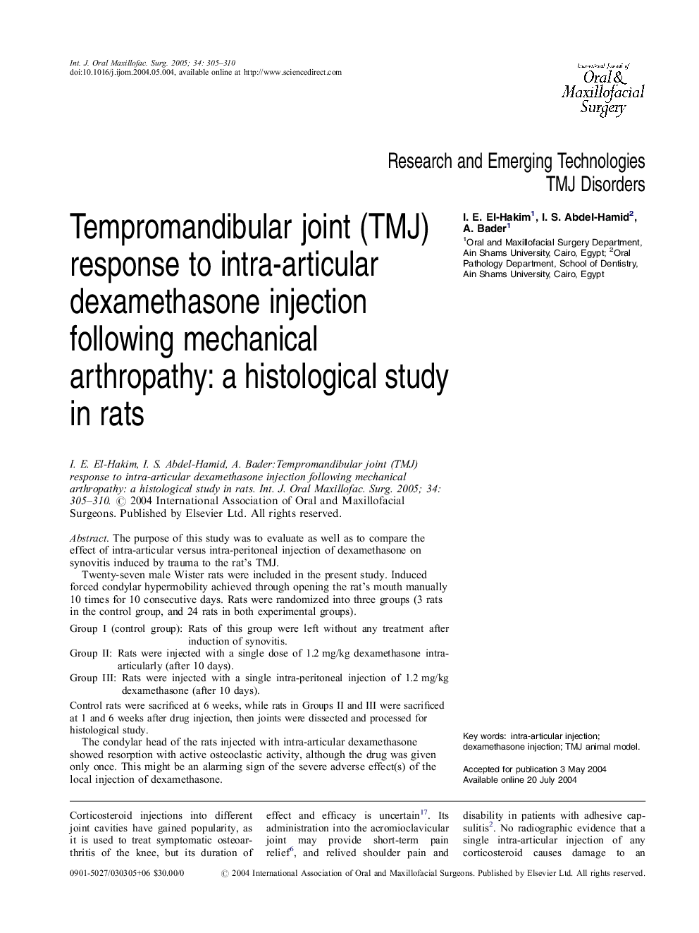Tempromandibular joint (TMJ) response to intra-articular dexamethasone injection following mechanical arthropathy: a histological study in rats
