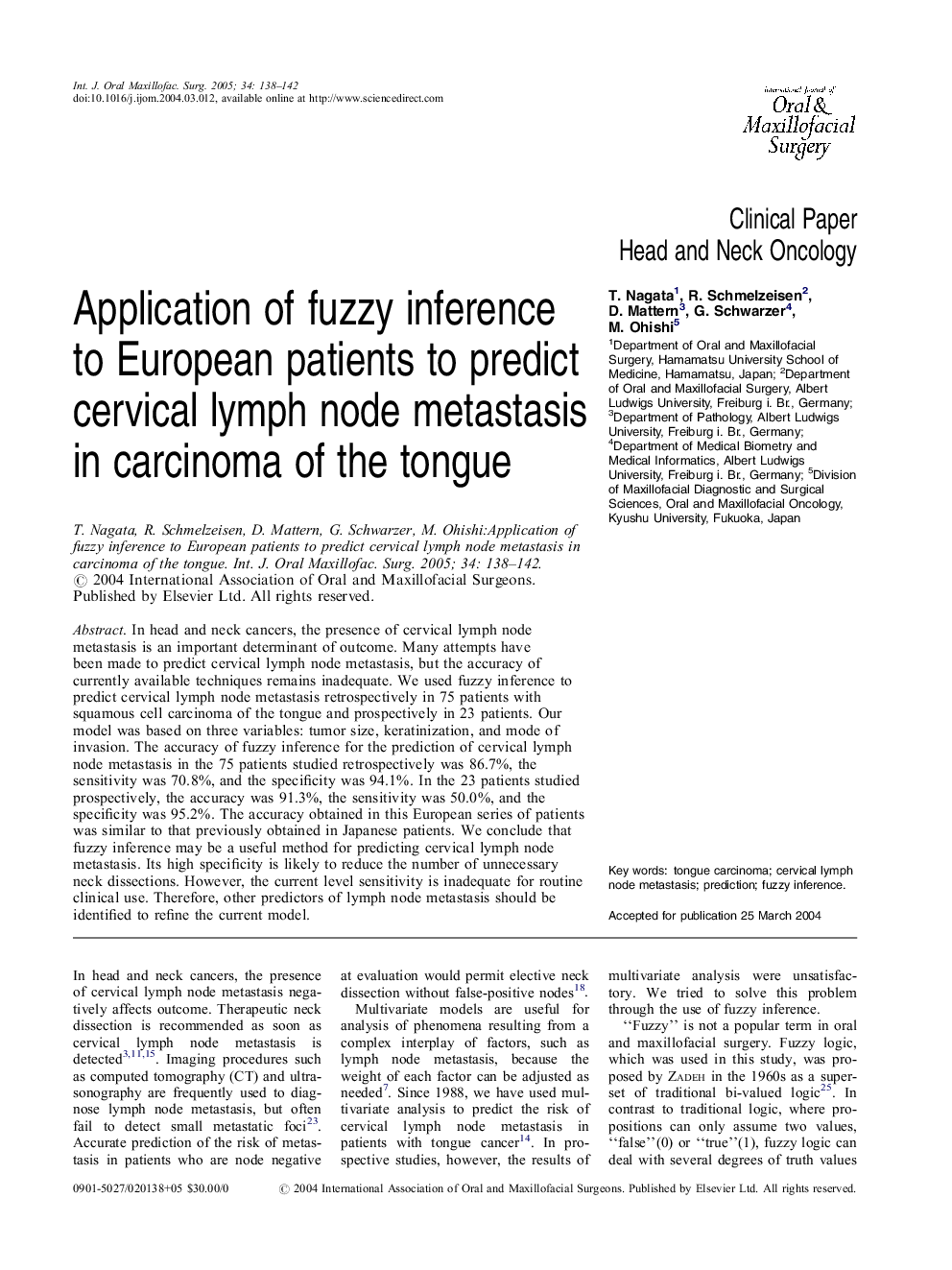 Application of fuzzy inference to European patients to predict cervical lymph node metastasis in carcinoma of the tongue