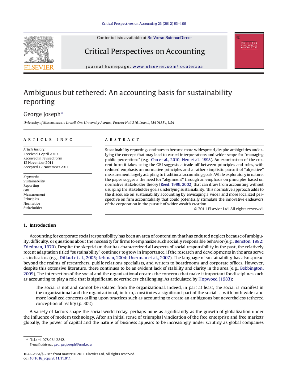 Ambiguous but tethered: An accounting basis for sustainability reporting