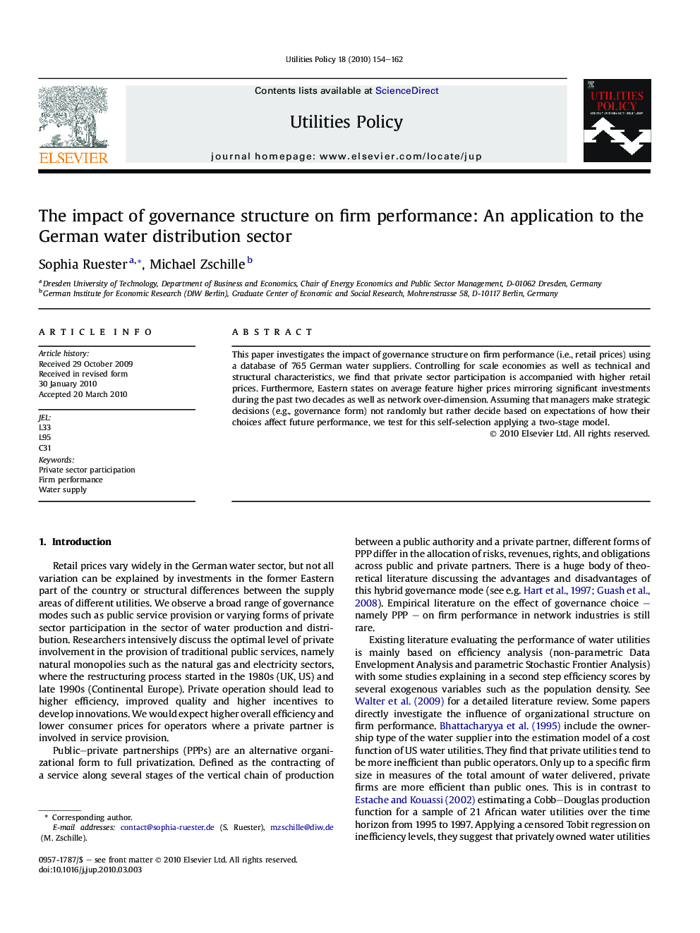 The impact of governance structure on firm performance: An application to the German water distribution sector