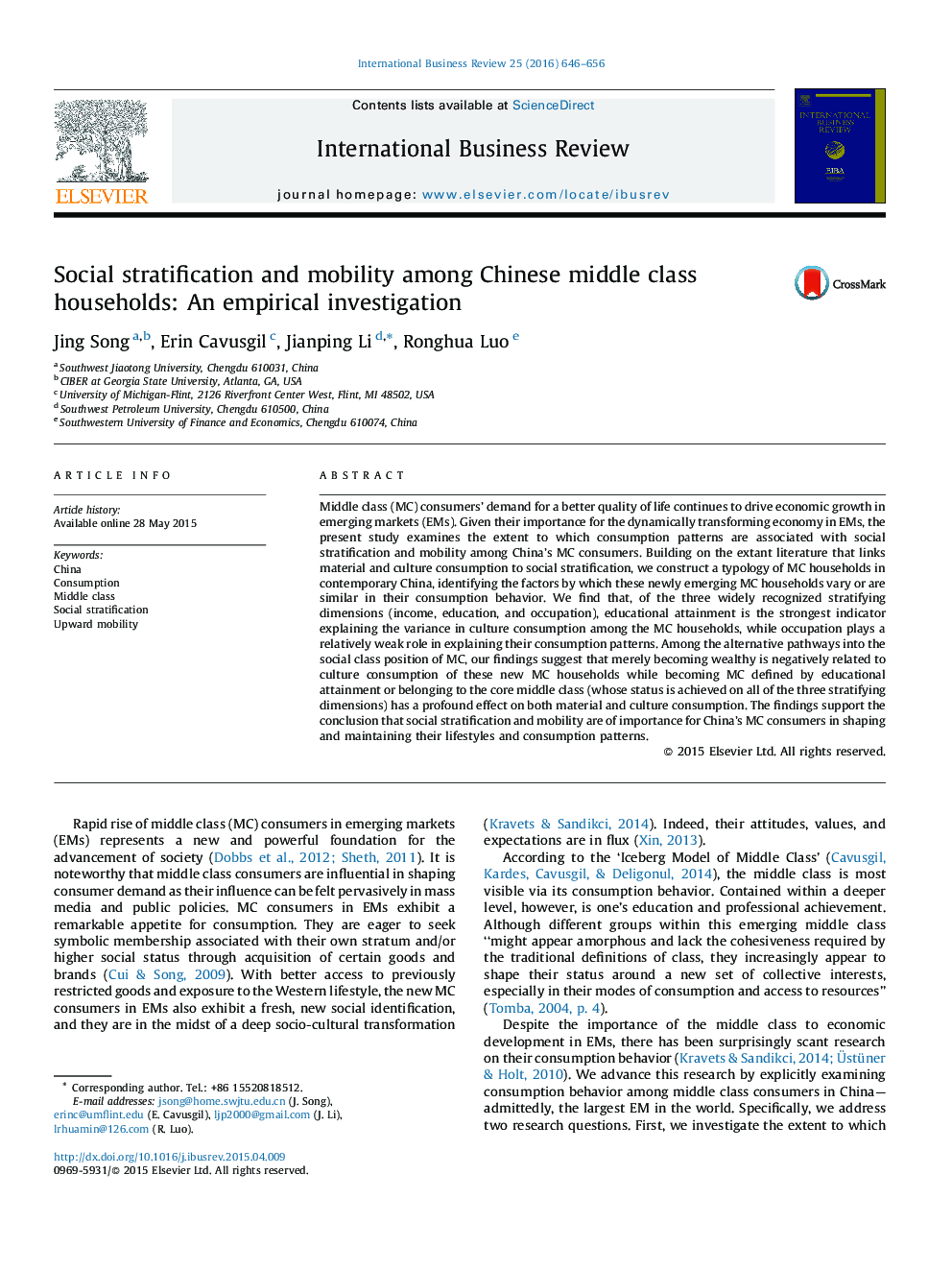 Social stratification and mobility among Chinese middle class households: An empirical investigation