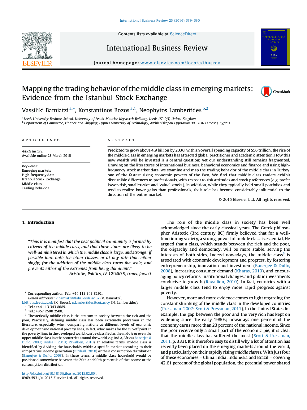 Mapping the trading behavior of the middle class in emerging markets: Evidence from the Istanbul Stock Exchange