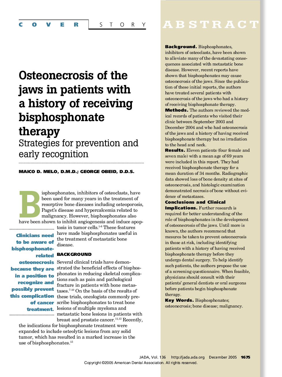 Osteonecrosis of the jaws in patients with a history of receiving bisphosphonate therapy