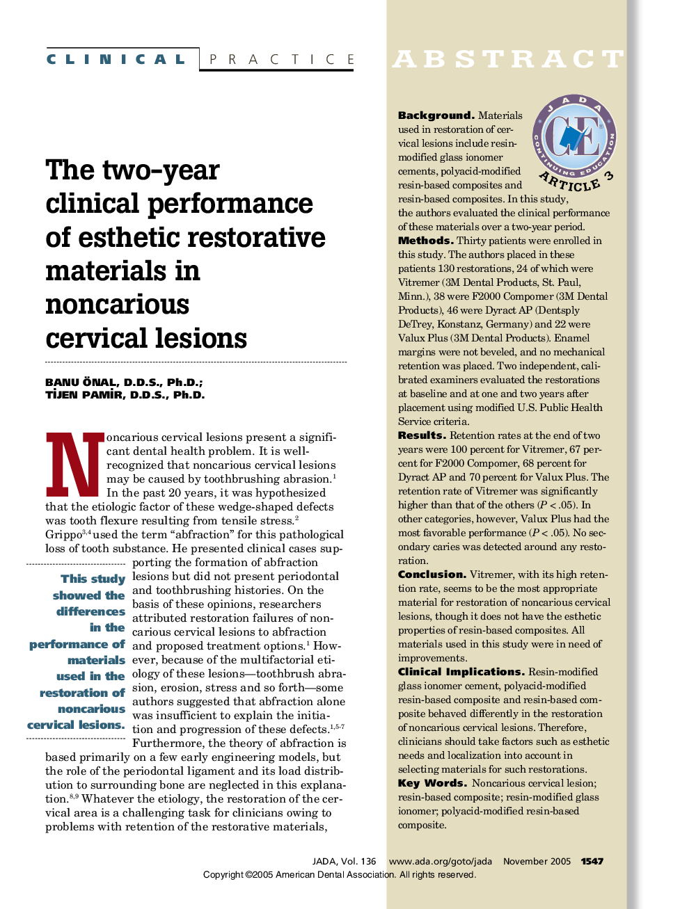 The two-year clinical performance of esthetic restorative materials in noncarious cervical lesions