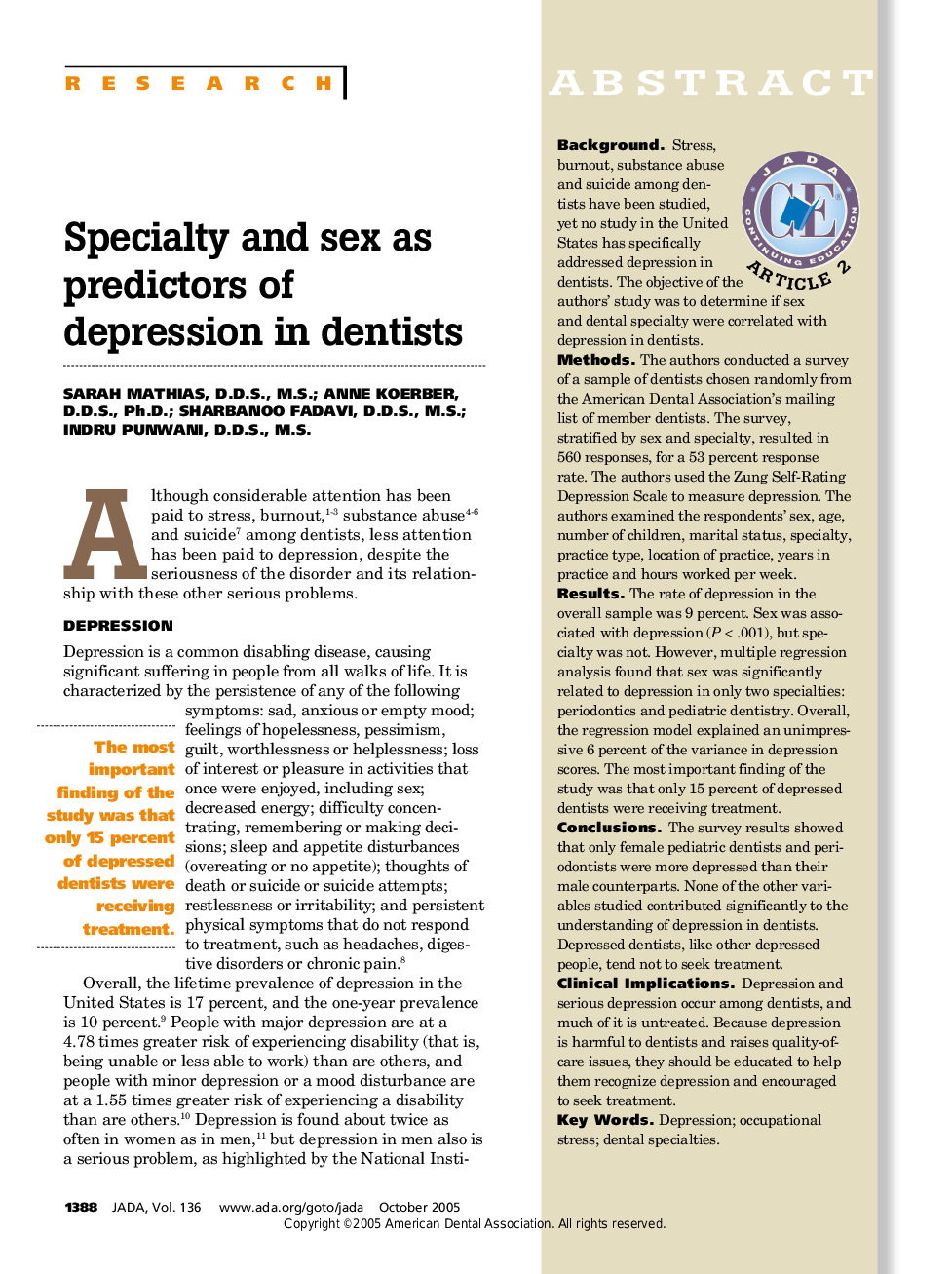 Specialty and sex as predictors of depression in dentists