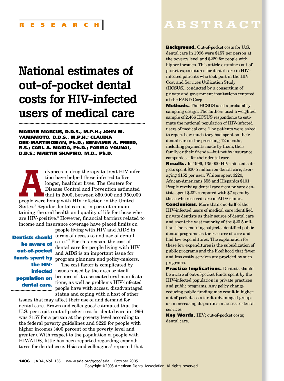 National estimates of out-of-pocket dental costs for HIV-infected users of medical care