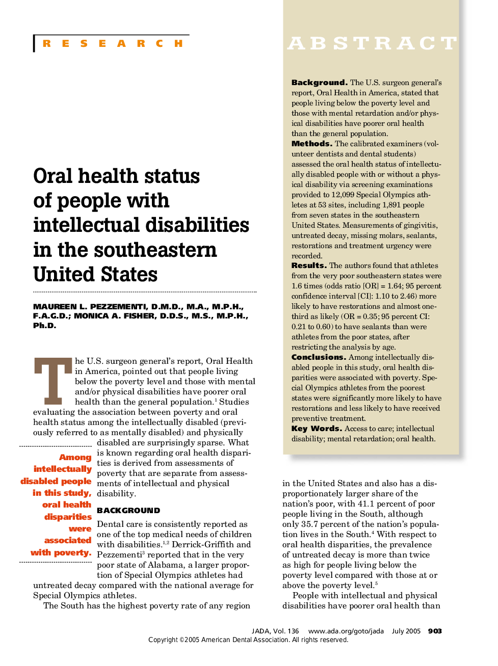 Oral health status of people with intellectual disabilities in the southeastern United States