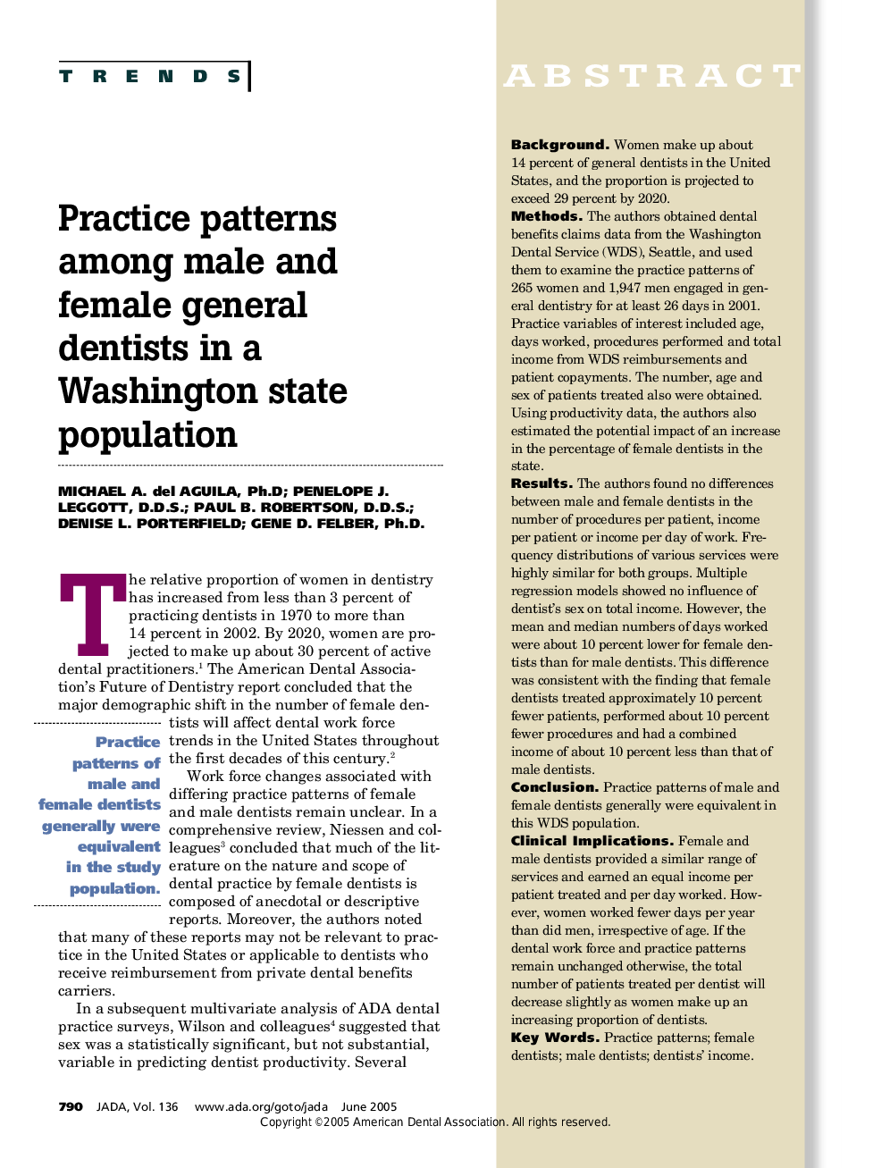 Practice patterns among male and female general dentists in a Washington state population