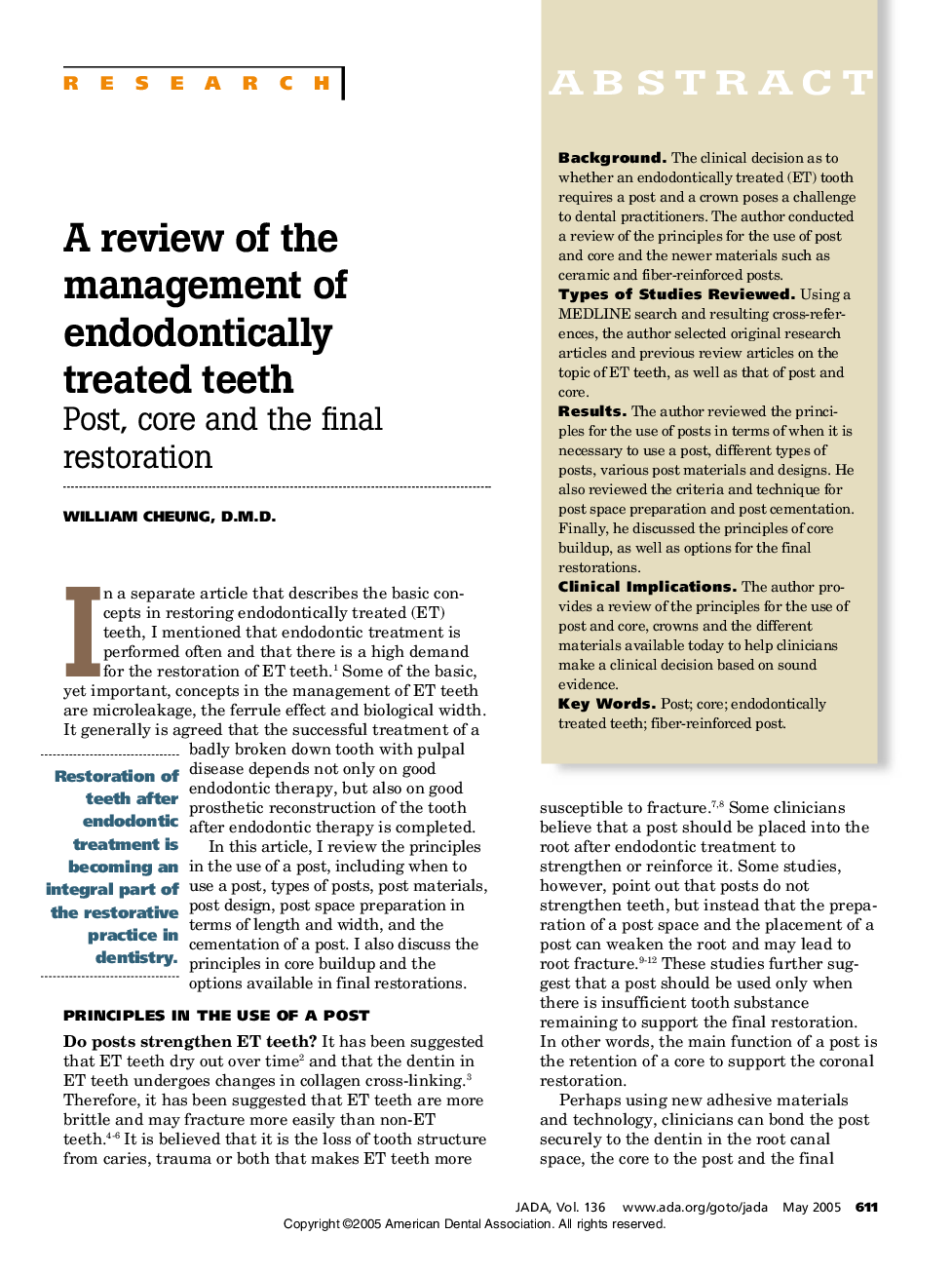 A review of the management of endodontically treated teeth