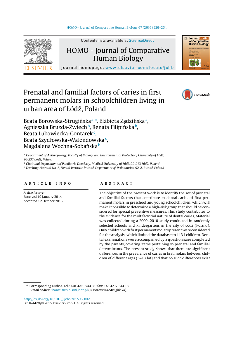 Prenatal and familial factors of caries in first permanent molars in schoolchildren living in urban area of Łódź, Poland