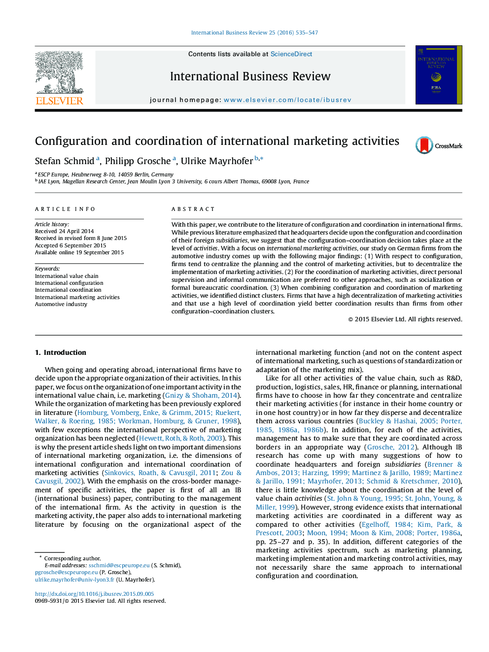 Configuration and coordination of international marketing activities