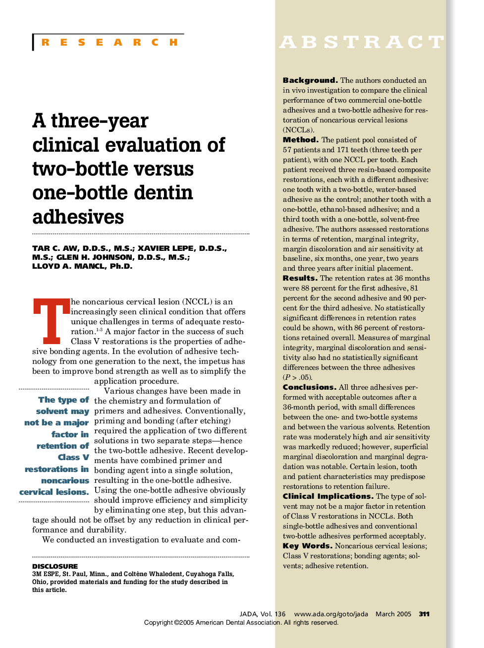 A three-year clinical evaluation of two-bottle versus one-bottle dentin adhesives