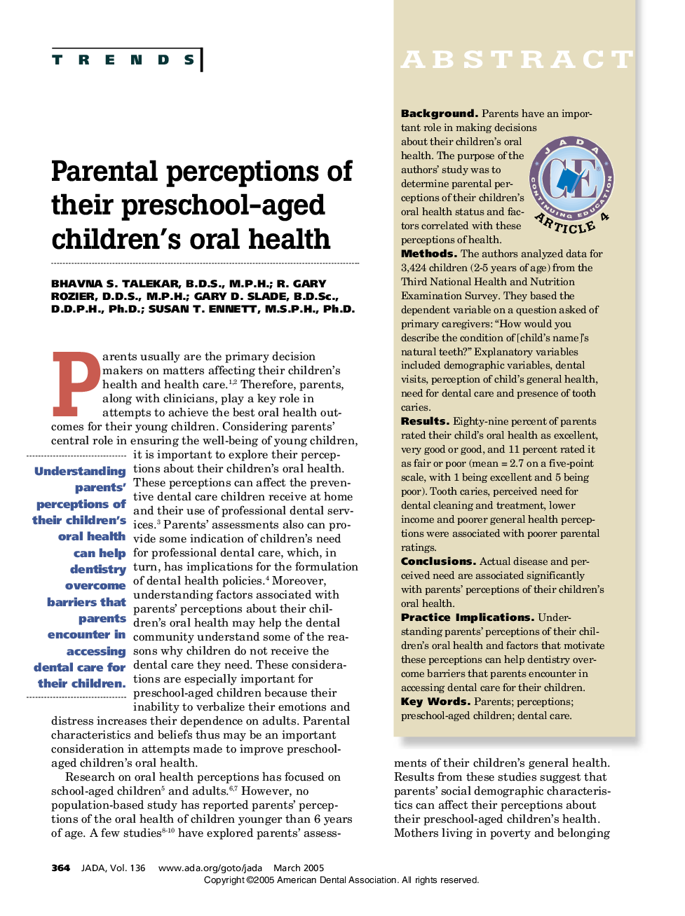 Parental perceptions of their preschool-aged children's oral health