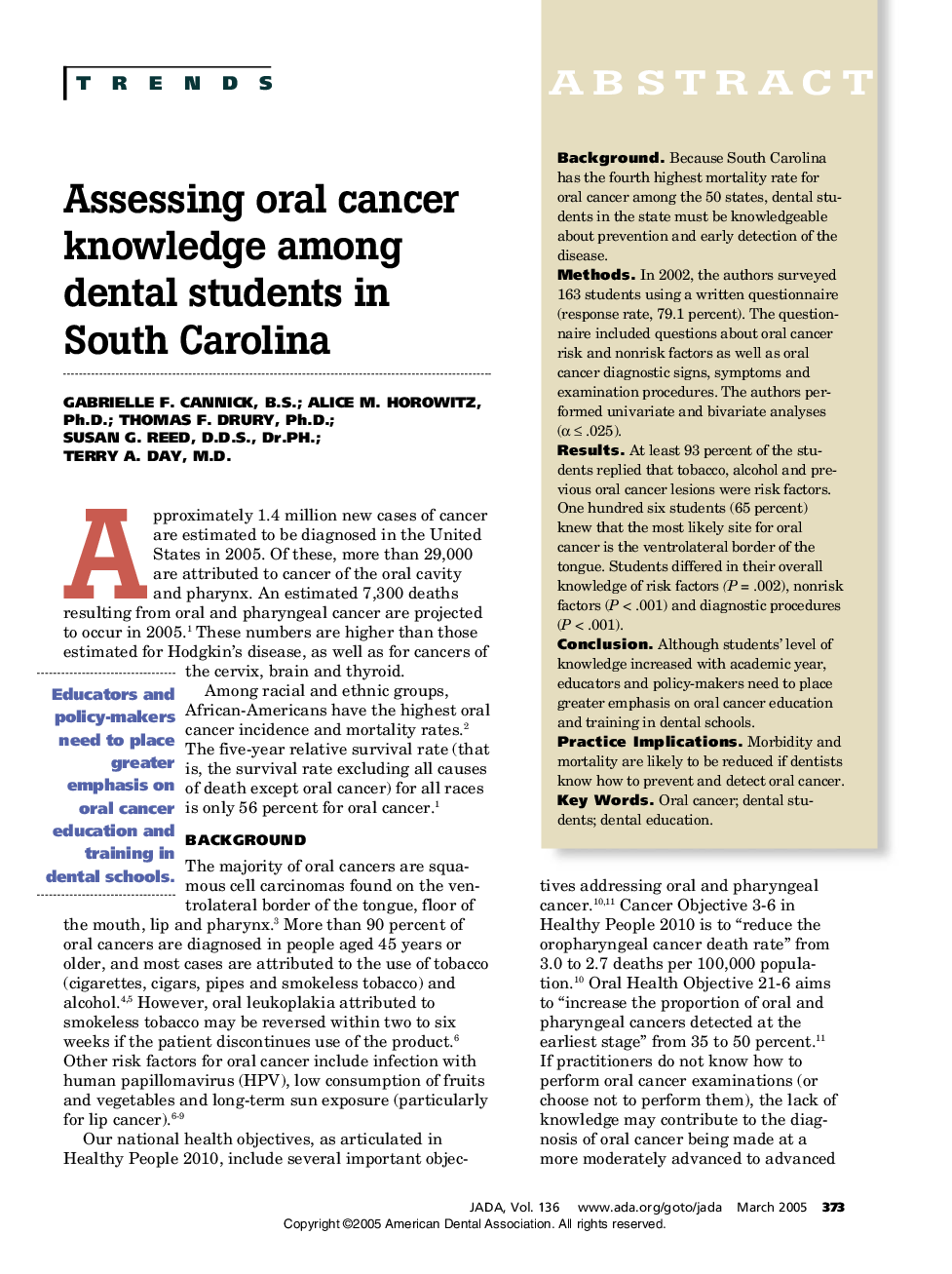 Assessing oral cancer knowledge among dental students in South Carolina