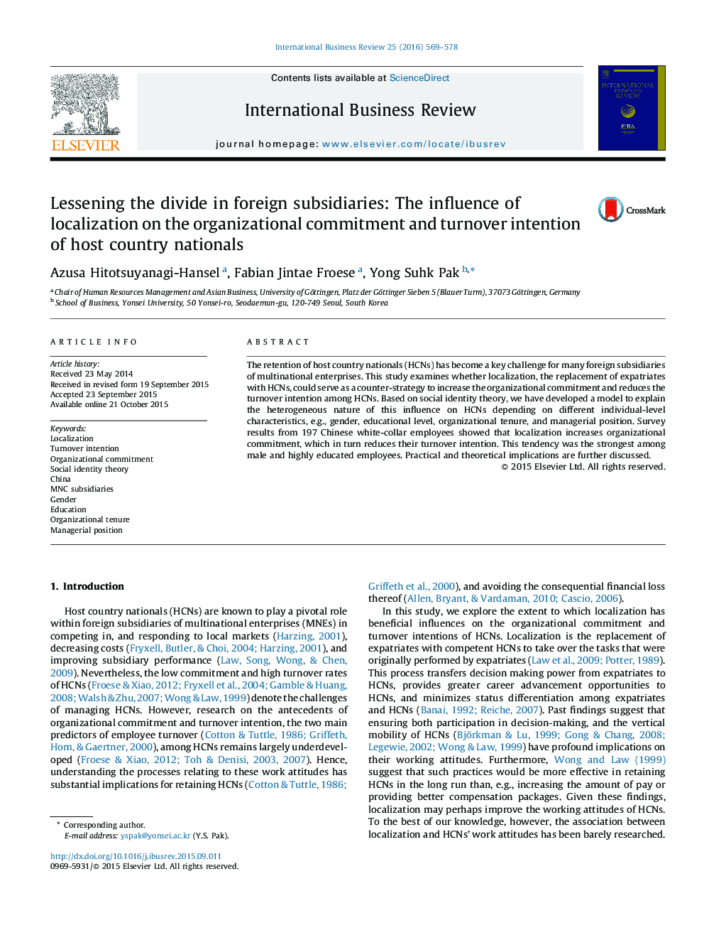 Lessening the divide in foreign subsidiaries: The influence of localization on the organizational commitment and turnover intention of host country nationals