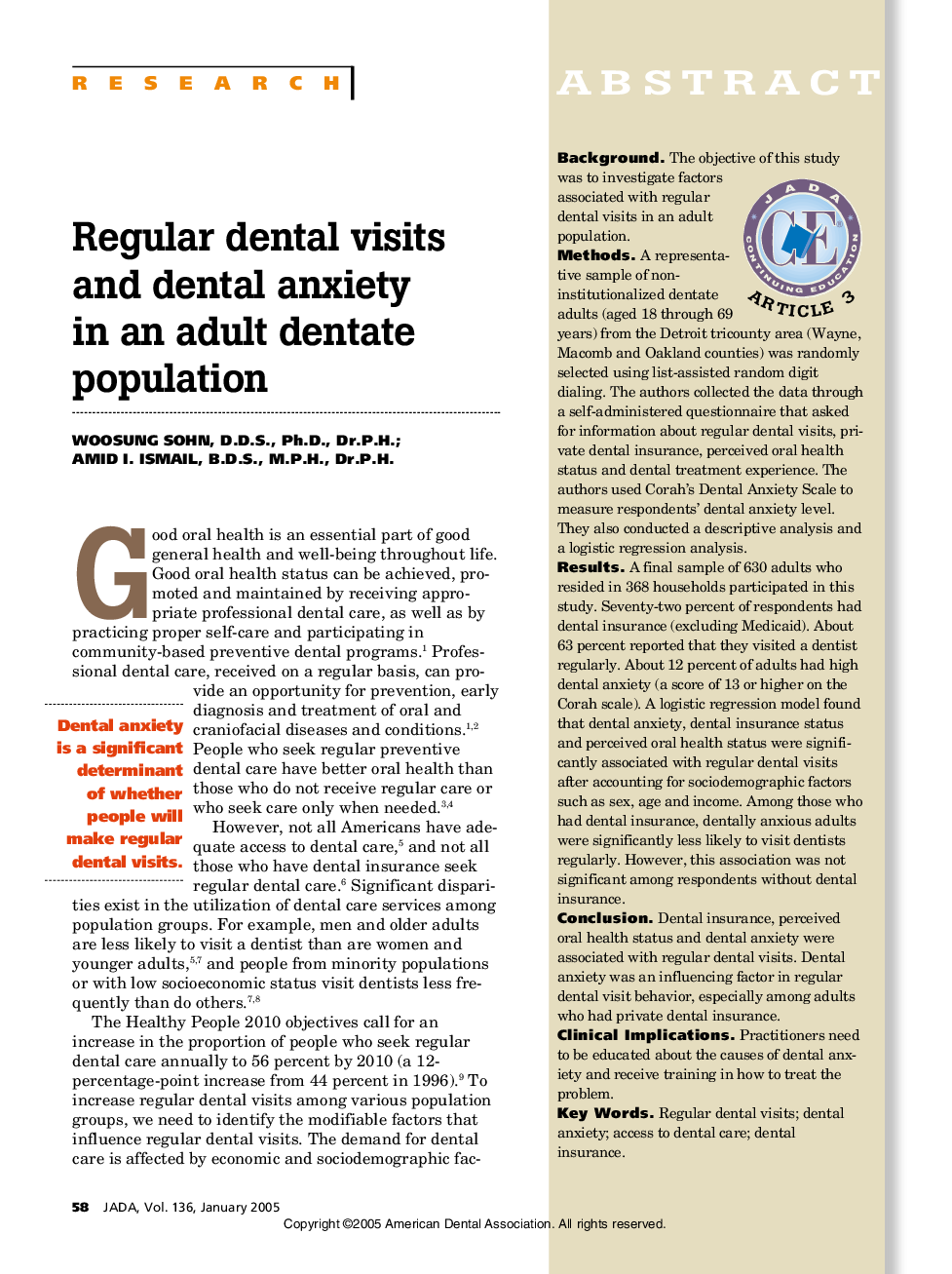 Regular dental visits and dental anxiety in an adult dentate population