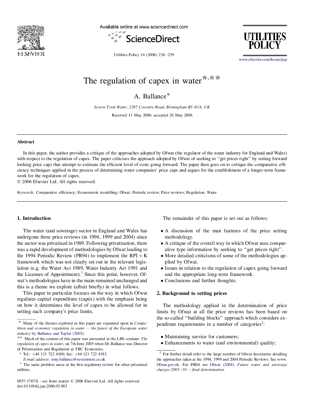 The regulation of capex in water 