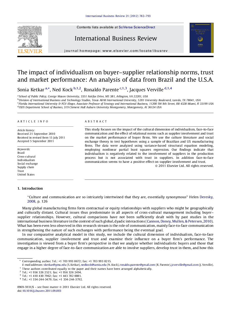 The impact of individualism on buyer–supplier relationship norms, trust and market performance: An analysis of data from Brazil and the U.S.A.