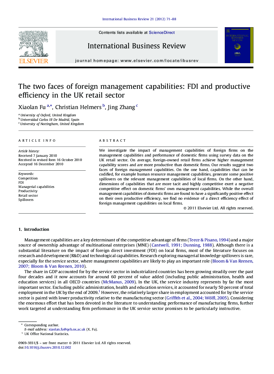 The two faces of foreign management capabilities: FDI and productive efficiency in the UK retail sector