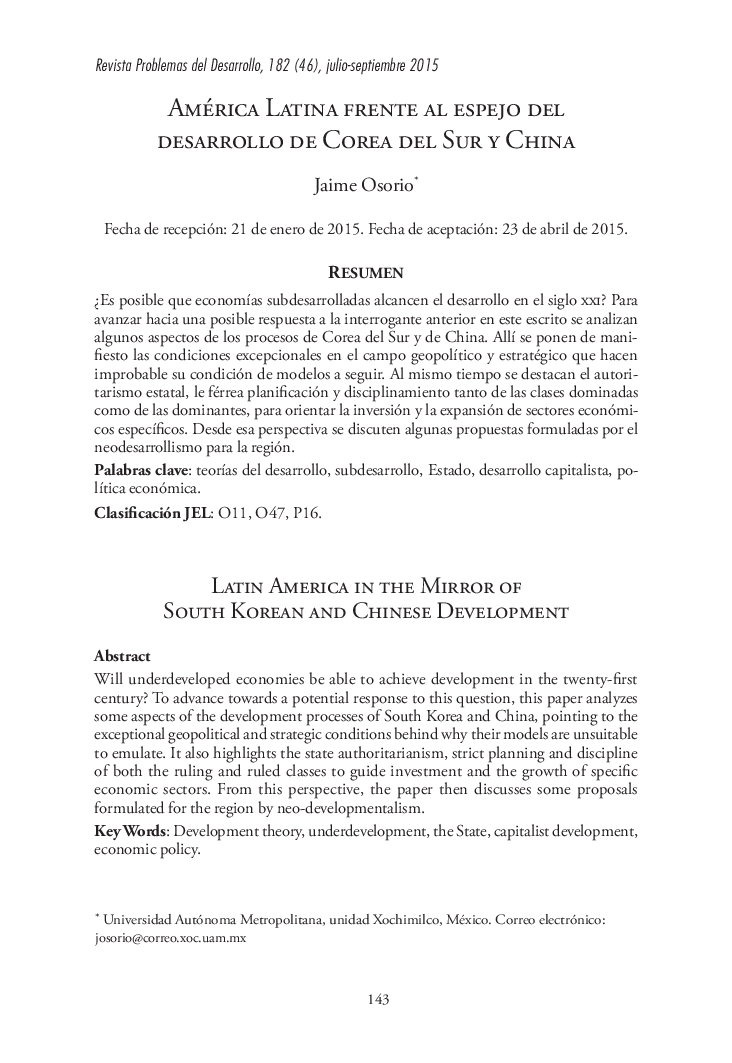 AMÉRICA LATINA FRENTE AL ESPEJO DEL DESARROLLO DE COREA DEL SUR Y CHINA