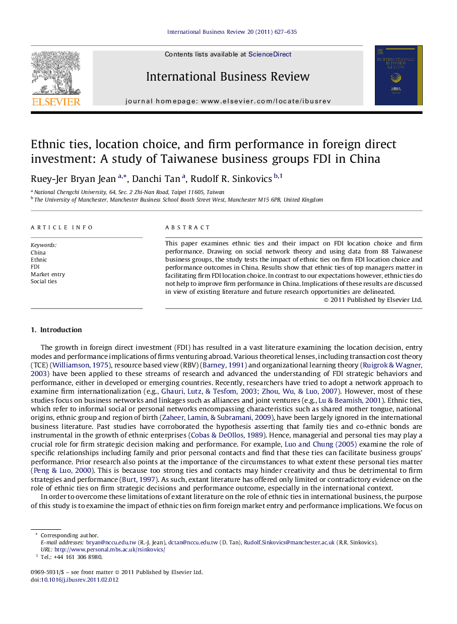 Ethnic ties, location choice, and firm performance in foreign direct investment: A study of Taiwanese business groups FDI in China