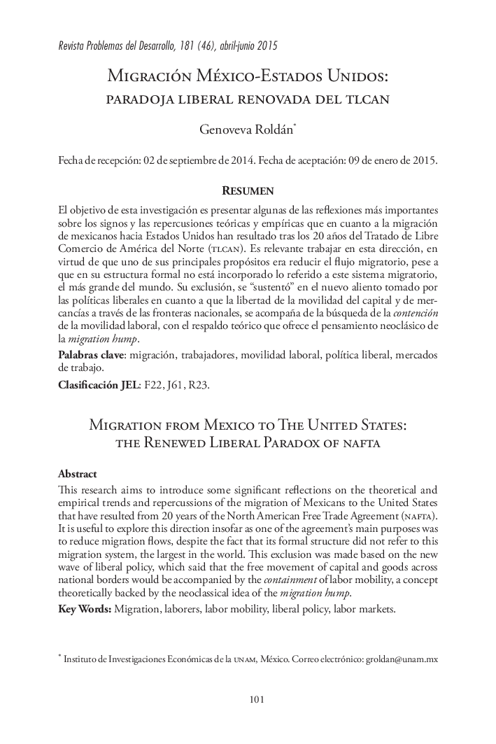 MIGRACIÓN MÉXICO-ESTADOS UNIDOS: PARADOJA LIBERAL RENOVADA DEL TLCAN