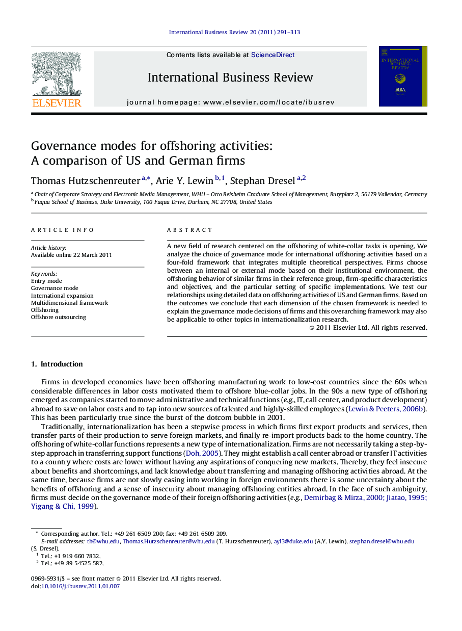 Governance modes for offshoring activities: A comparison of US and German firms