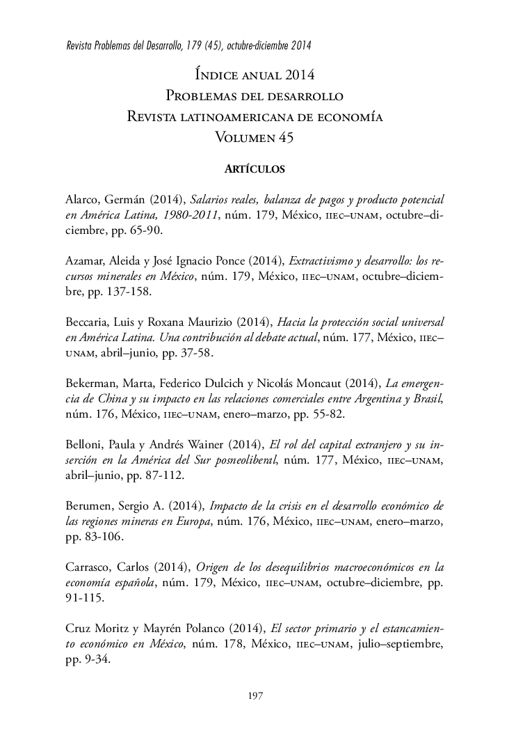 Índice anual 2014 Problemas del desarrollo Revista latinoamericana de economÃ­a Volumen 45