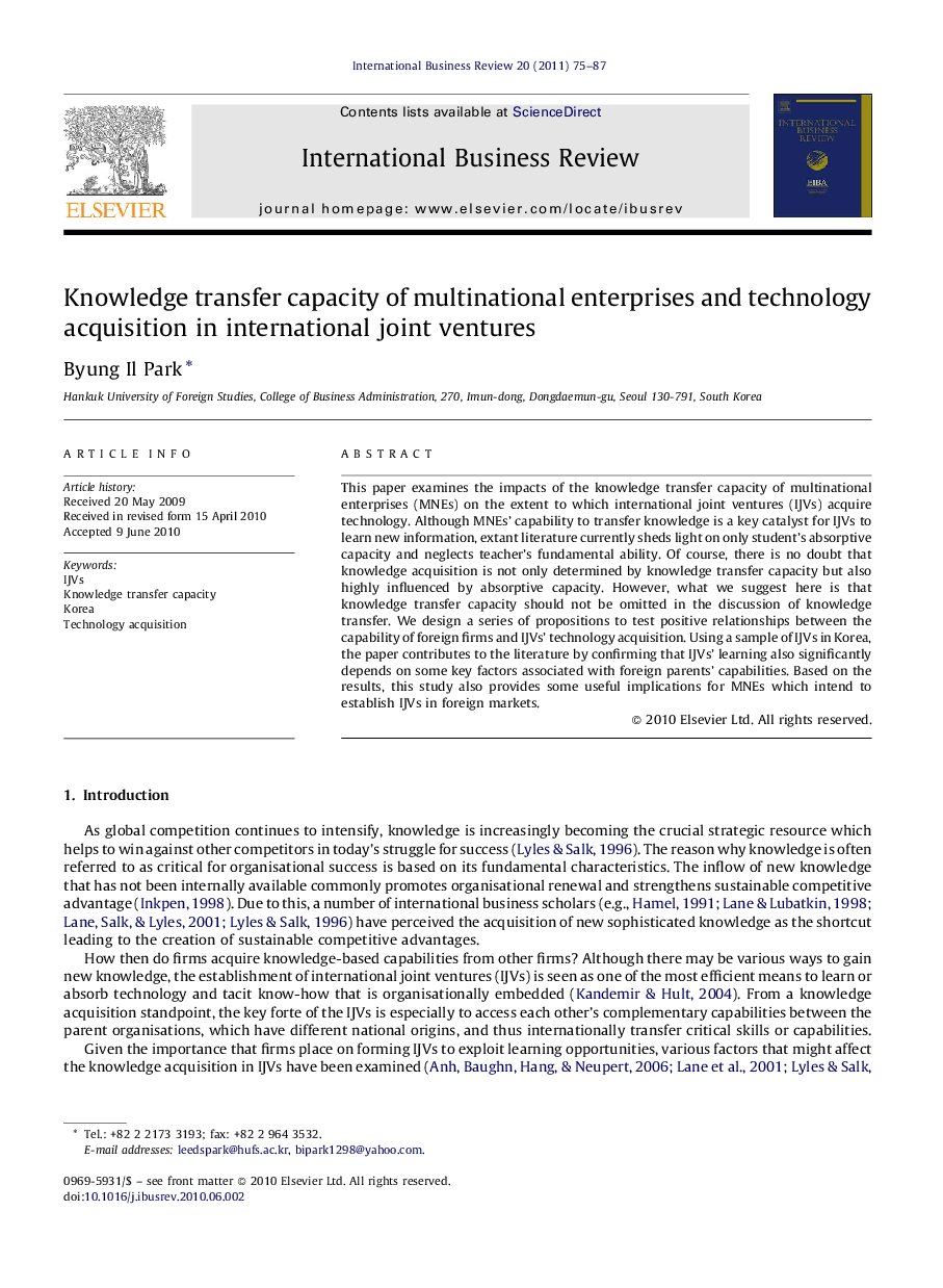 Knowledge transfer capacity of multinational enterprises and technology acquisition in international joint ventures