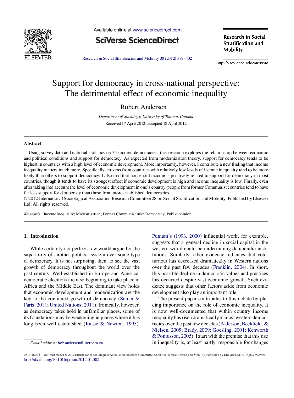 Support for democracy in cross-national perspective: The detrimental effect of economic inequality