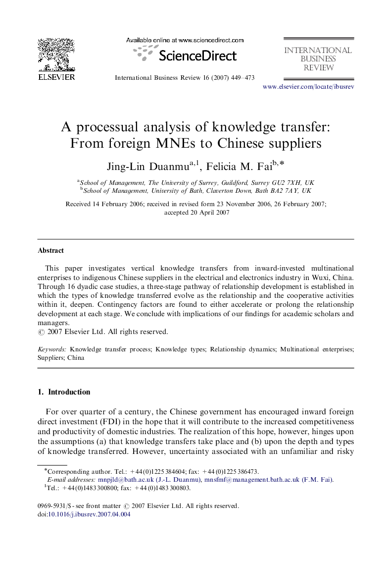 A processual analysis of knowledge transfer: From foreign MNEs to Chinese suppliers