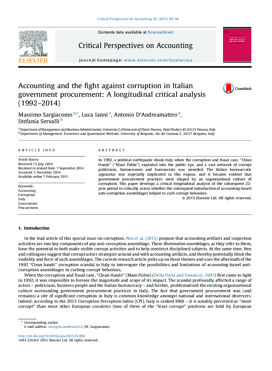 Accounting and the fight against corruption in Italian government procurement: A longitudinal critical analysis (1992–2014)