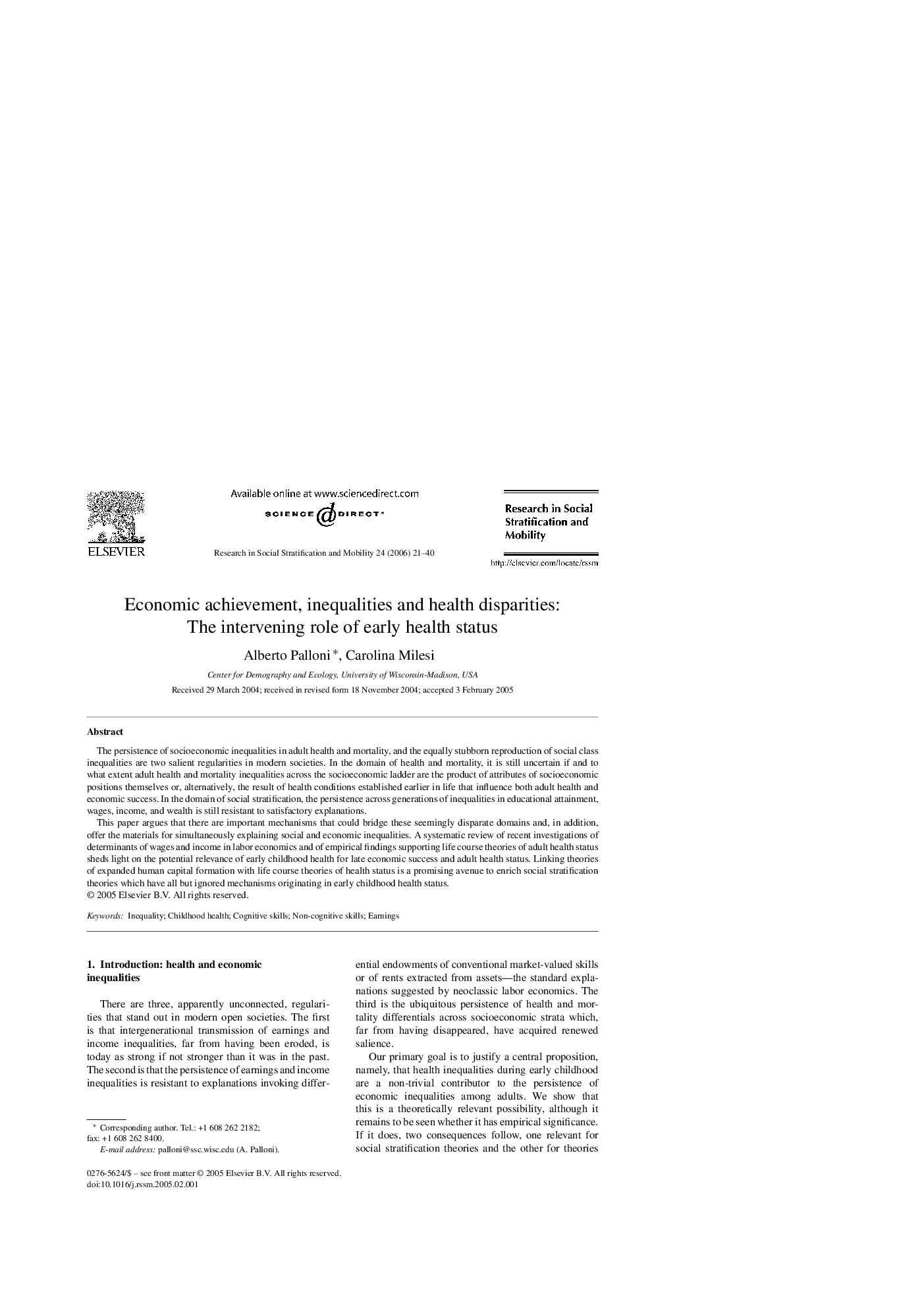 Economic achievement, inequalities and health disparities: The intervening role of early health status