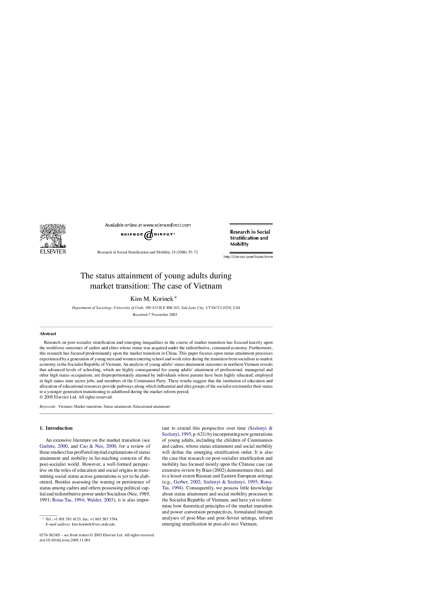 The status attainment of young adults during market transition: The case of Vietnam