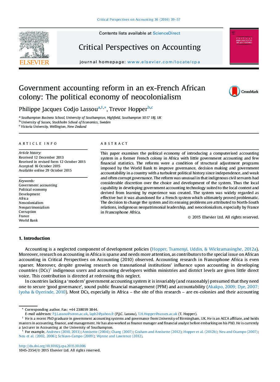 Government accounting reform in an ex-French African colony: The political economy of neocolonialism