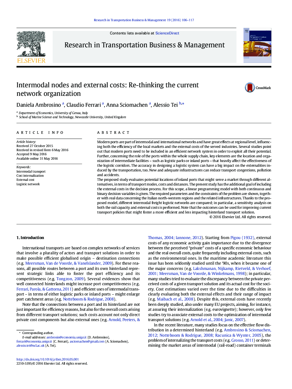 Intermodal nodes and external costs: Re-thinking the current network organization