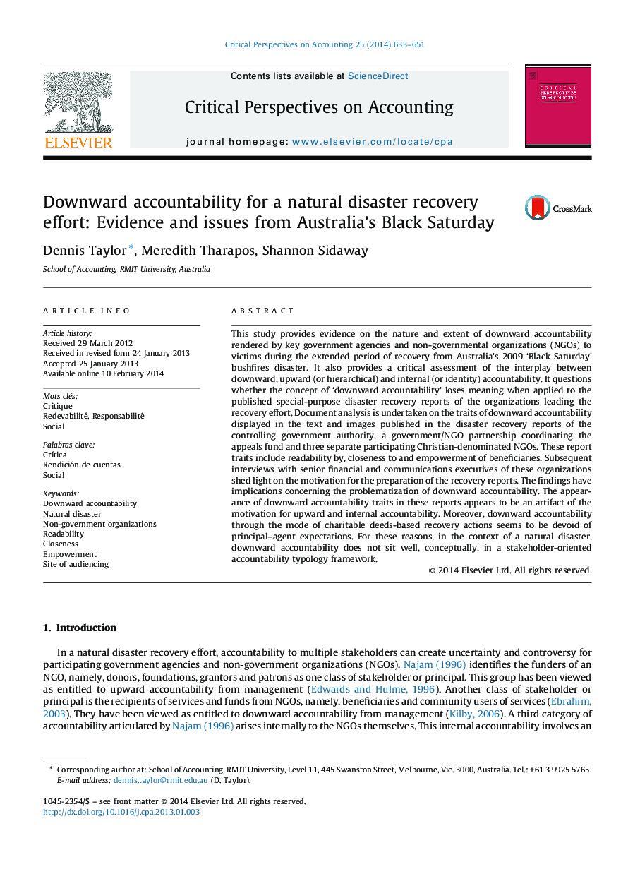 مسئولیت پذیری پایین برای یک تلاش برای فاجعه طبیعی: شواهد و مسائل مربوط به روز شنبه سیاه استرالیا 