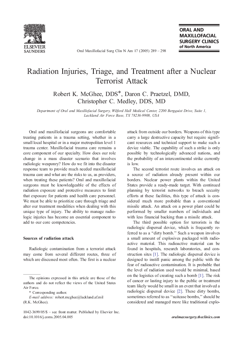 Radiation Injuries, Triage, and Treatment after a Nuclear Terrorist Attack