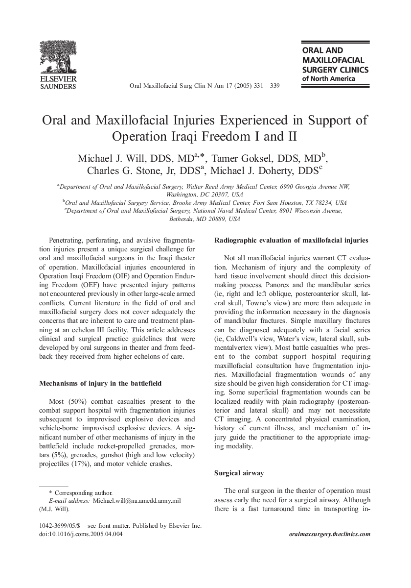 Oral and Maxillofacial Injuries Experienced in Support of Operation Iraqi Freedom I and II