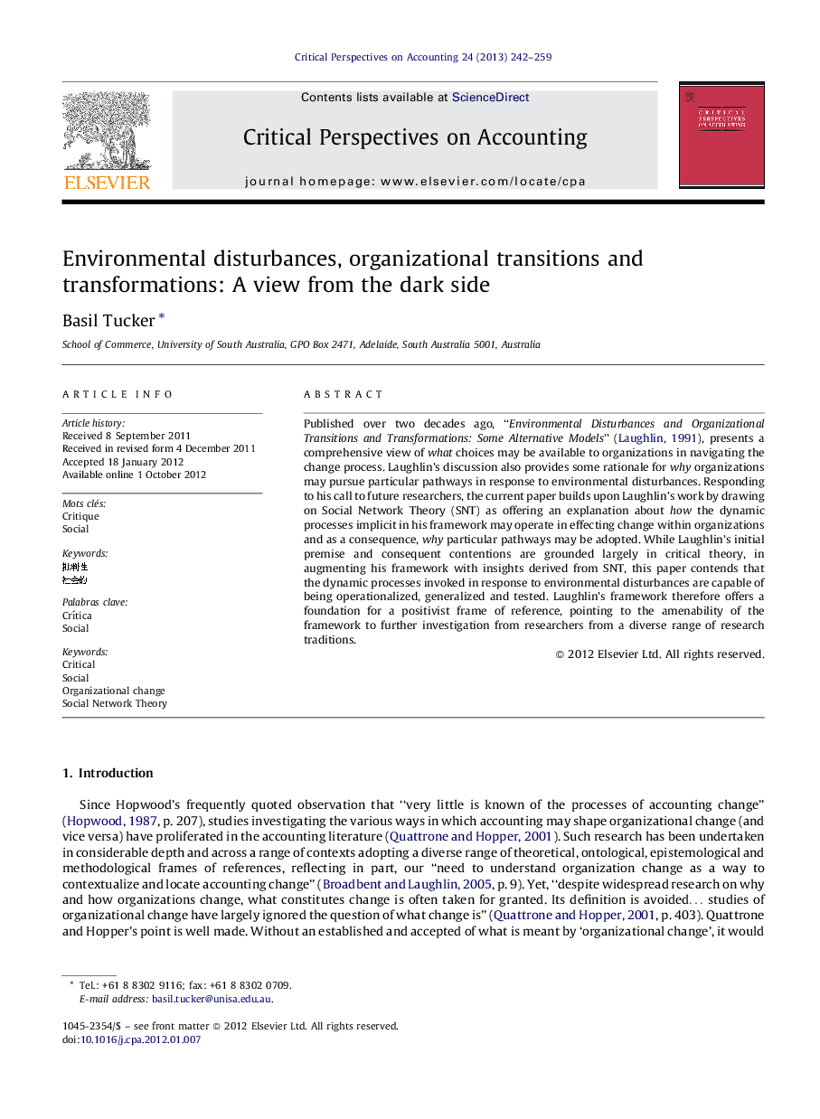 Environmental disturbances, organizational transitions and transformations: A view from the dark side