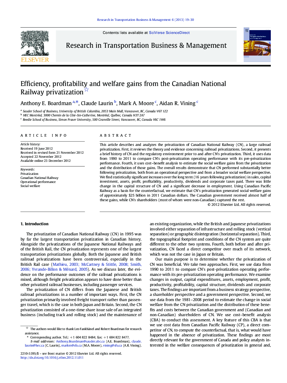 Efficiency, profitability and welfare gains from the Canadian National Railway privatization 