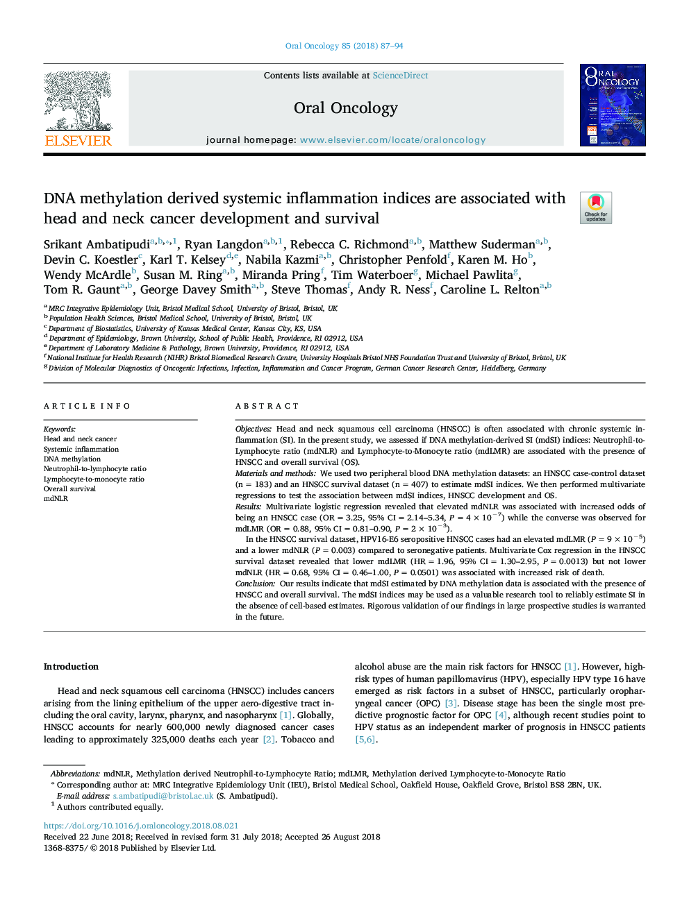 DNA methylation derived systemic inflammation indices are associated with head and neck cancer development and survival