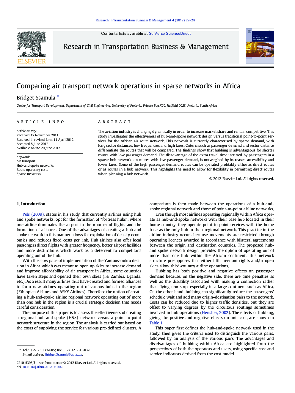 Comparing air transport network operations in sparse networks in Africa