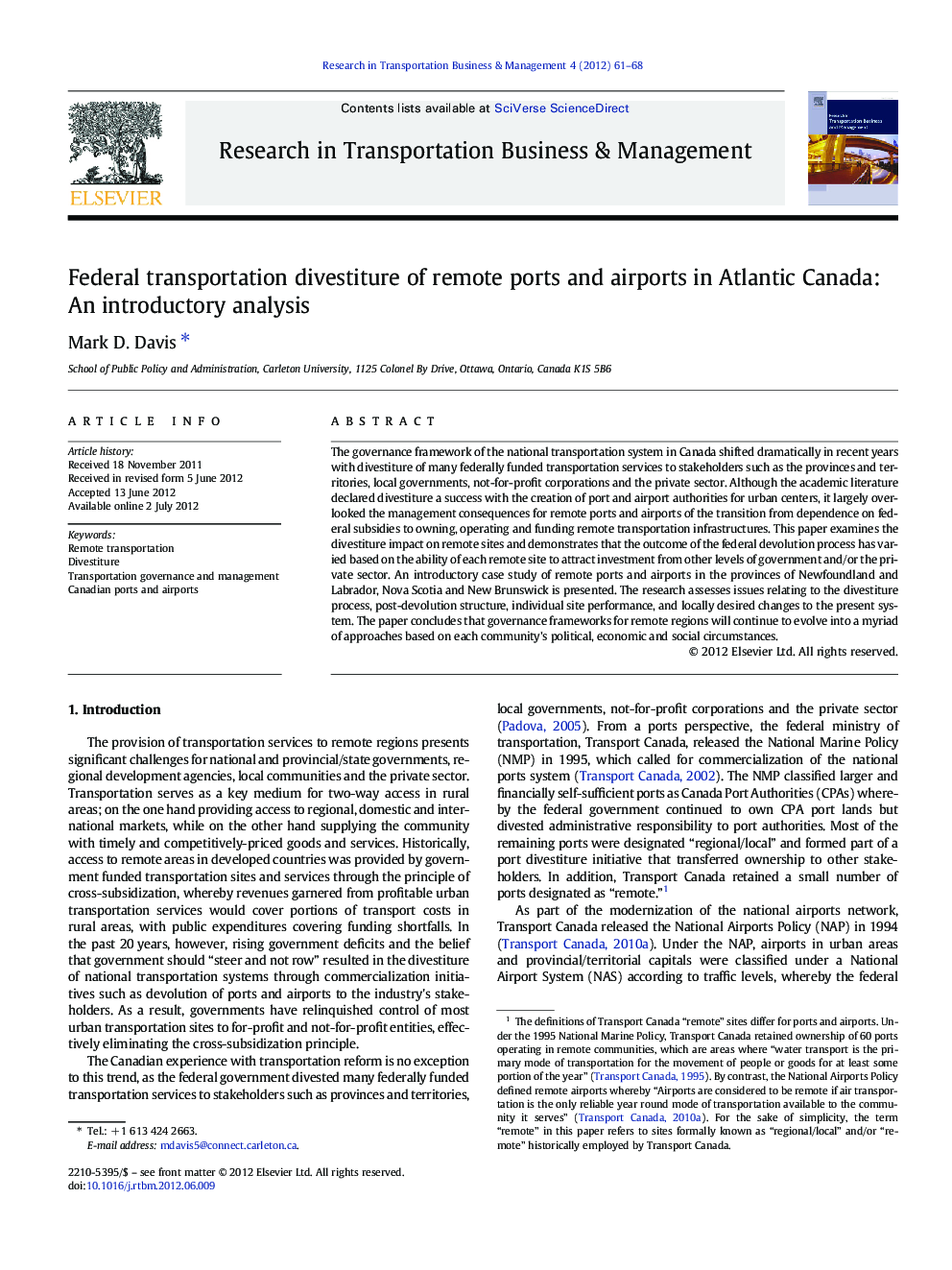 Federal transportation divestiture of remote ports and airports in Atlantic Canada: An introductory analysis