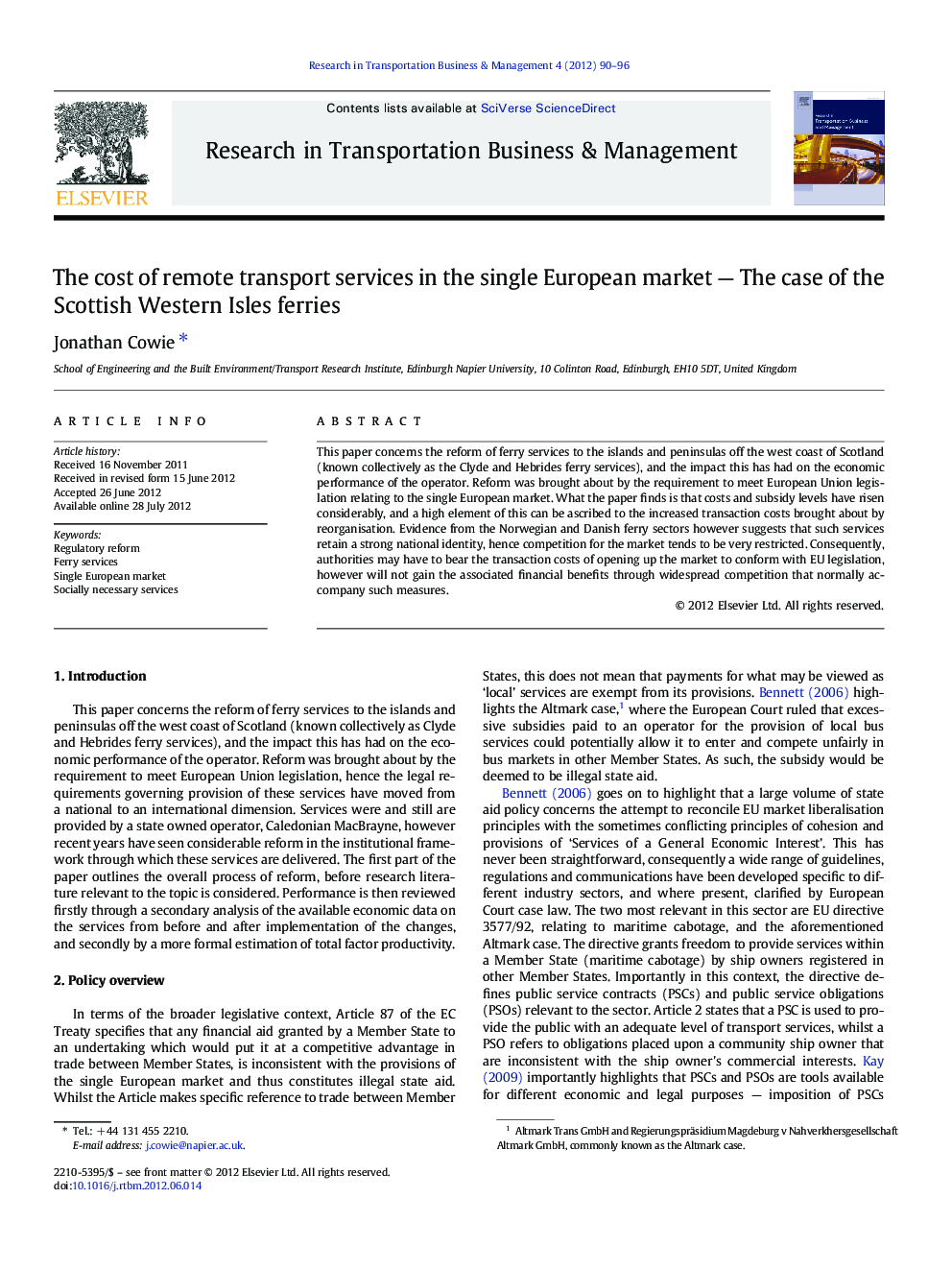 The cost of remote transport services in the single European market — The case of the Scottish Western Isles ferries