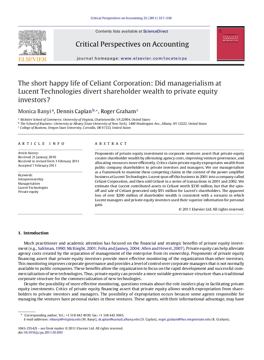 The short happy life of Celiant Corporation: Did managerialism at Lucent Technologies divert shareholder wealth to private equity investors?