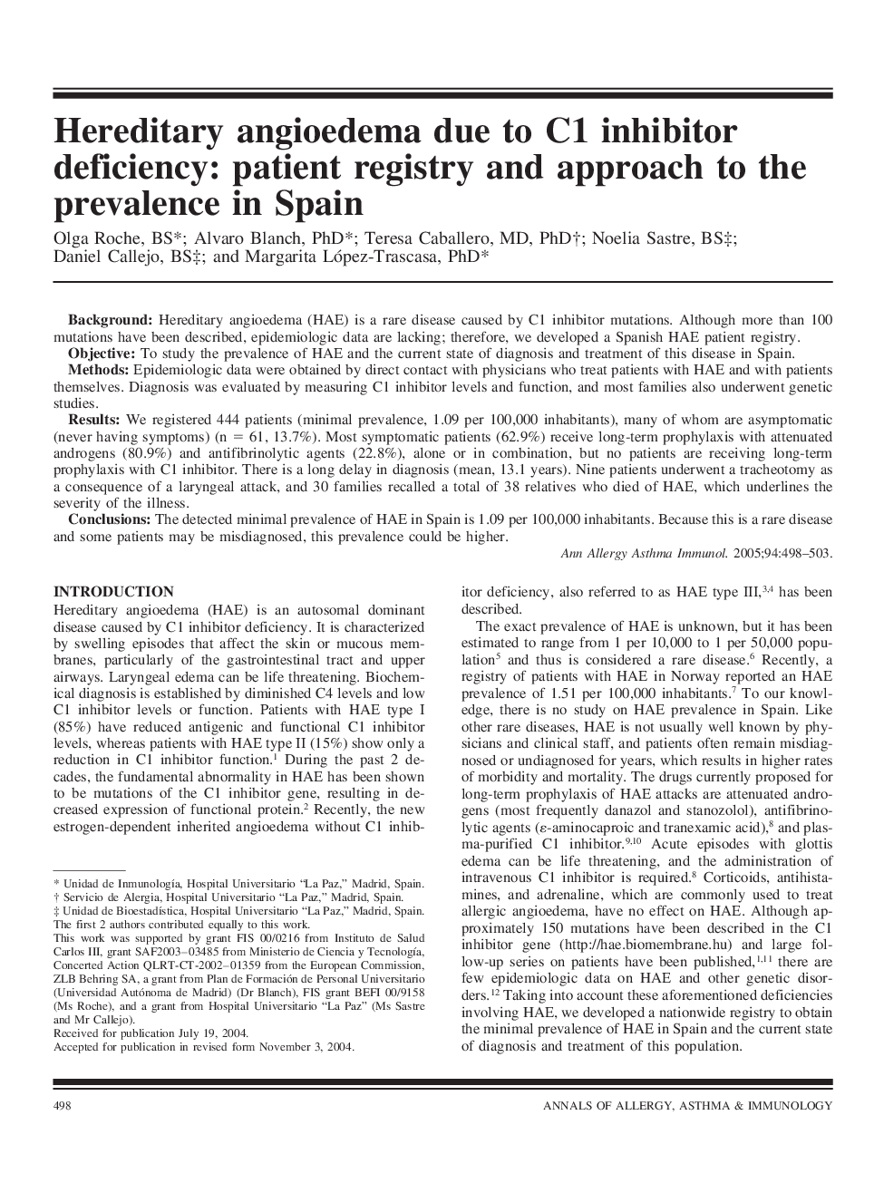Hereditary angioedema due to C1 inhibitor deficiency: patient registry and approach to the prevalence in Spain