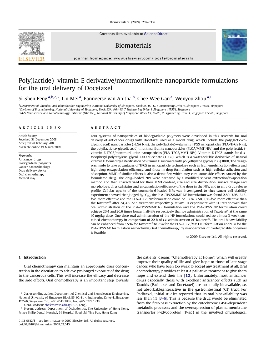 Poly(lactide)–vitamin E derivative/montmorillonite nanoparticle formulations for the oral delivery of Docetaxel