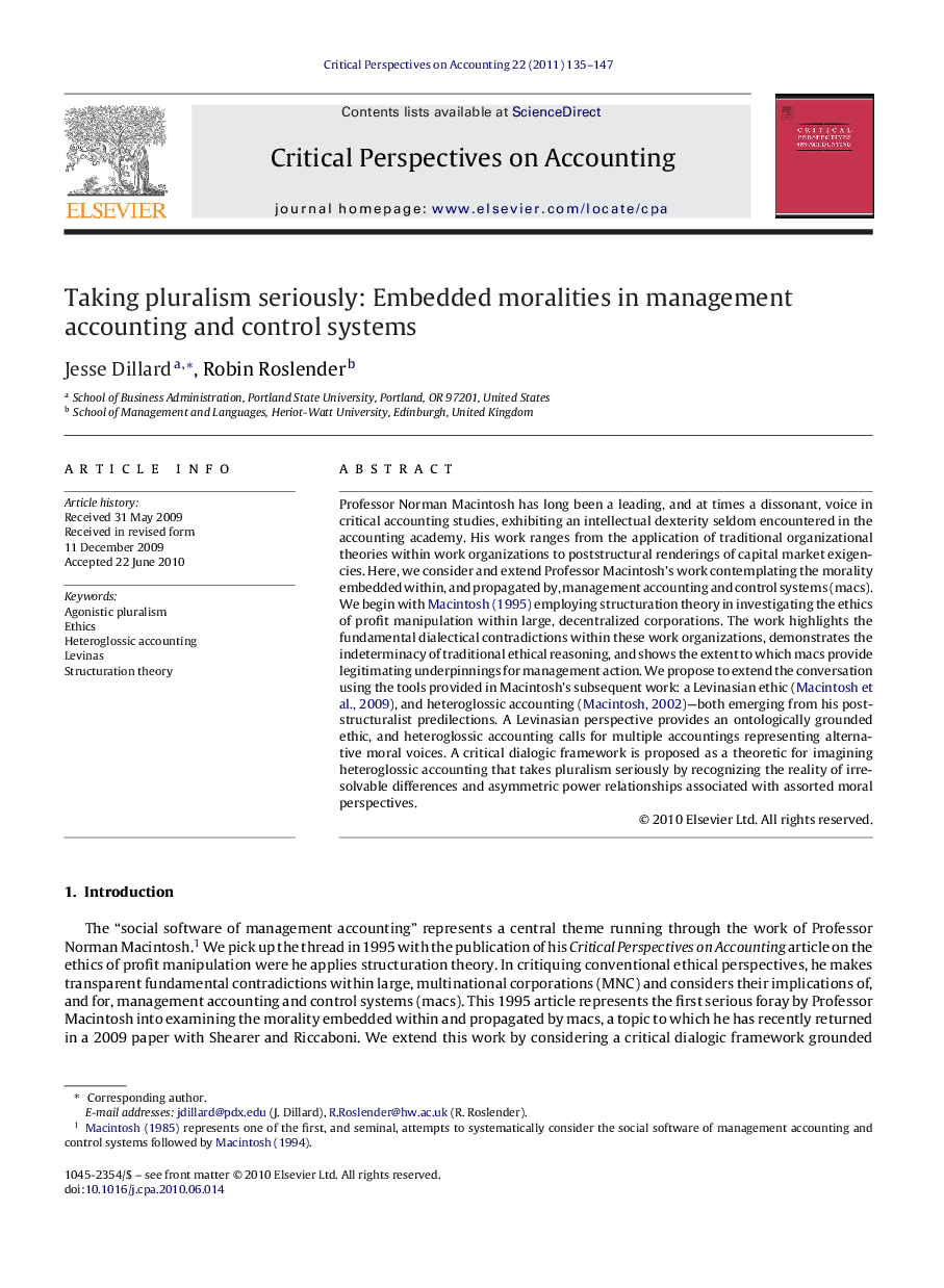 Taking pluralism seriously: Embedded moralities in management accounting and control systems